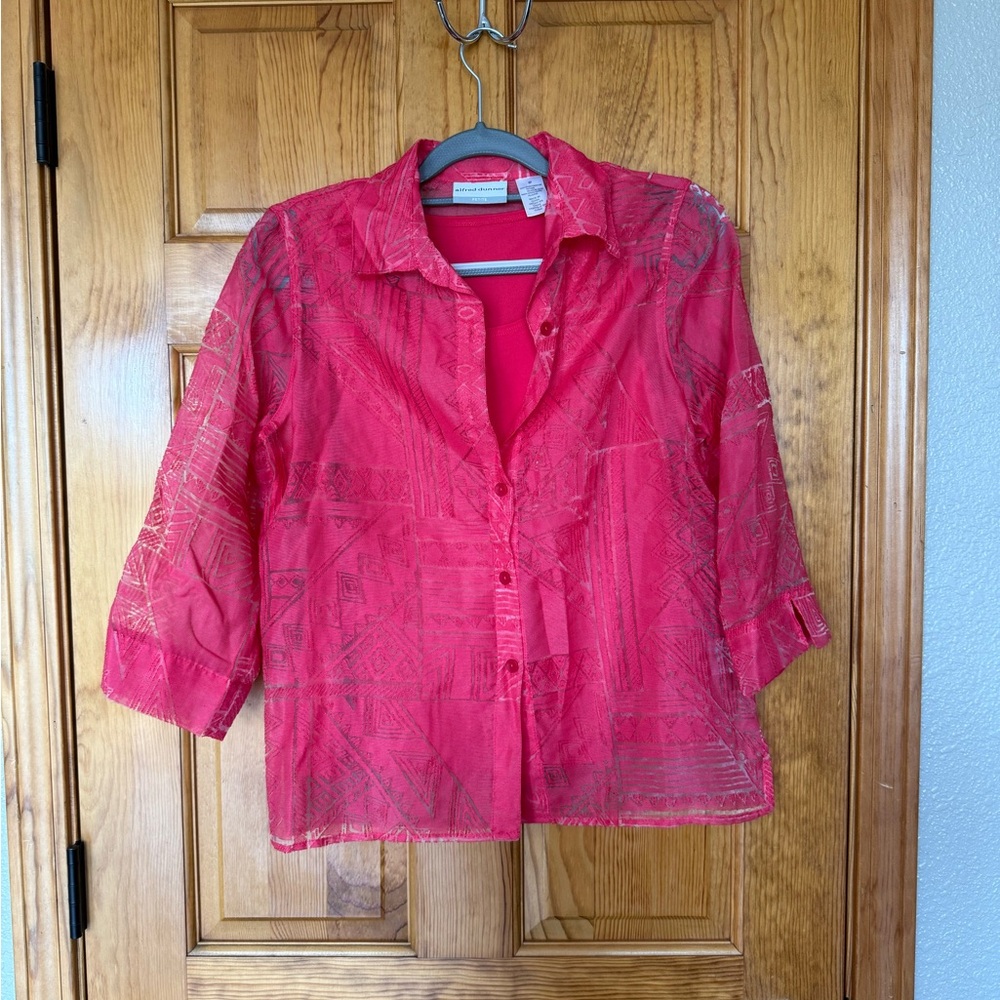 Alfred Dunner Vibrant Pink Sheer Button-Down Shirt with Attached Camisole 6P